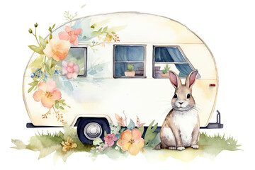 Illustration of a vintage travel trailer easter spring colors