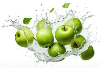 Splashing green apples on white background