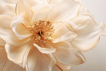 Beautiful gold camellia on light beige background. Radiant flower with rays of light. Botanical floral closeup design
