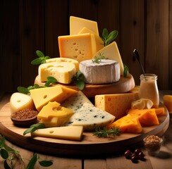 Various types of cheese on a wooden board on the table