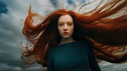 Fototapeta premium A woman with red hair looks straight at the camera as her hair flies in the strong wind. White clouds in the background