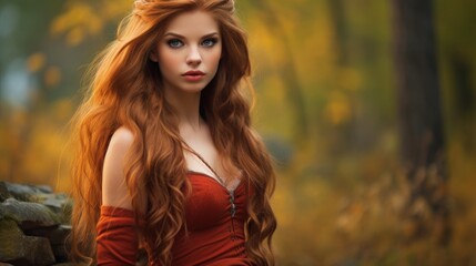 Fototapeta premium A woman with long red hair standing in the autumn forest in a casual red outfit. Copy space.