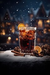 Aromatic hot mulled wine in retro glass cap with spices and citrus fruit on a table. Snow in evening. Concept of festive atmosphere and cozy winter mood. Traditional hot Christmas drink