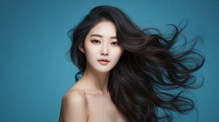 Naklejka premium Asian beauty woman with curly long hair, korean cosmetics on her face, and flawless skin on an isolated blue background. generative ai