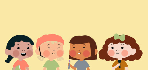 Grupo de niñas felices con diferentes hobbies y pasatiempos para  conmemorar el día de la niña y la mujer