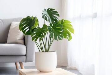 Beautiful monstera flower in a white pot. The concept of minimalism. room interior in scandinavian style. Empty white wall and copy space