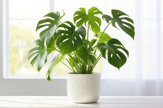 Beautiful monstera flower in a white pot. The concept of minimalism. room interior in scandinavian style. Empty white wall and copy space © InfiniteStudio