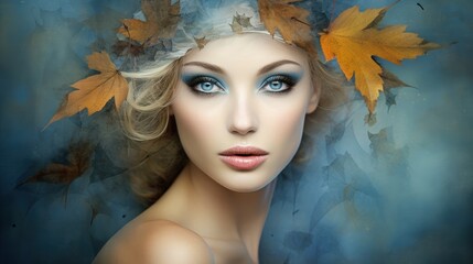 A woman with a crown of autumn leaves on her head, blue eyes and a blue hazy background