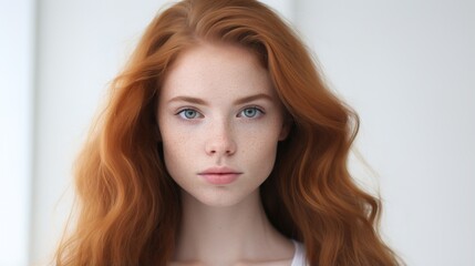 Fototapeta premium Woman's Glamorous Portrait with Brown Hair, Captivating Smile, and Fashionable Makeup in Studio 