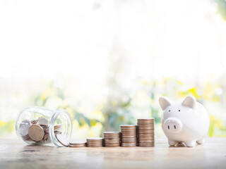 Piggy bank and stack of coins. The concept of save money for prepare in the future.