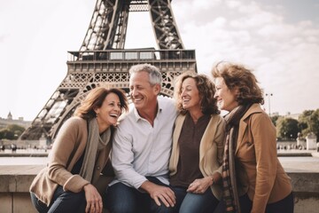 Lifestyle portrait photography of a satisfied man in his 50s that is with the family against the Eiffel Tower in Paris France