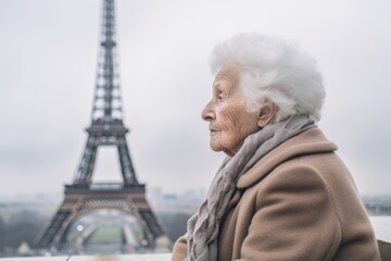 Fototapeta na wymiar Lifestyle portrait photography of a tender 100-year-old elderly woman that is with the family against the Eiffel Tower in Paris France