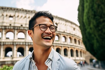 Lifestyle portrait photography of a pleased man in his 30s that is with the family against the Colosseum in Rome Italy