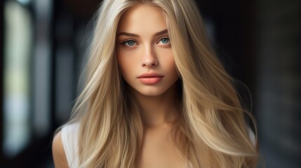 Beauty of a smiling blonde woman in a close-up portrait, highlighting her glamorous makeup, long hairstyle, and expressive eyes in a studio setting