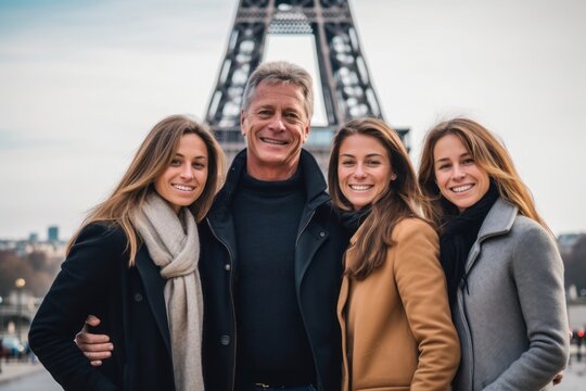 Group portrait photography of a grinning man in his 40s that is with the family against the Eiffel Tower in Paris France