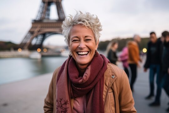 Lifestyle portrait photography of a grinning woman in her 50s that is smiling with friends against the Eiffel Tower in Paris France