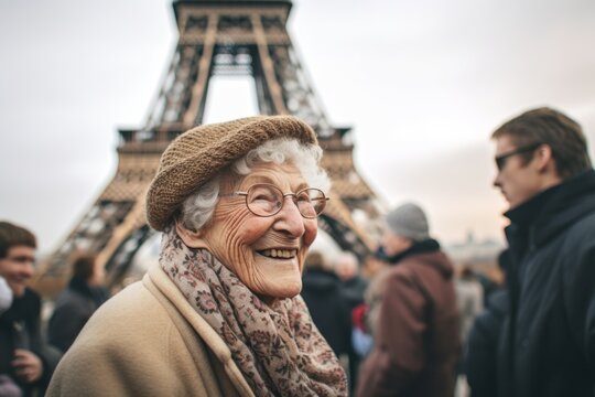 Lifestyle portrait photography of a tender 100-year-old elderly woman that is with the family against the Eiffel Tower in Paris France