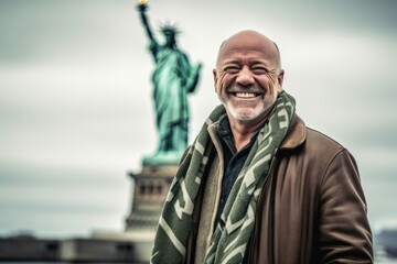 Obraz premium Portrait of a man in his 50s in front of the Statue of Liberty in New York USA