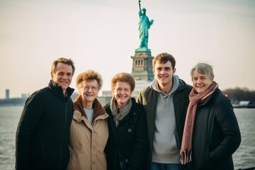 Group portrait photography of a pleased man in his 70s that is with the family in front of the Statue of Liberty in New York USA