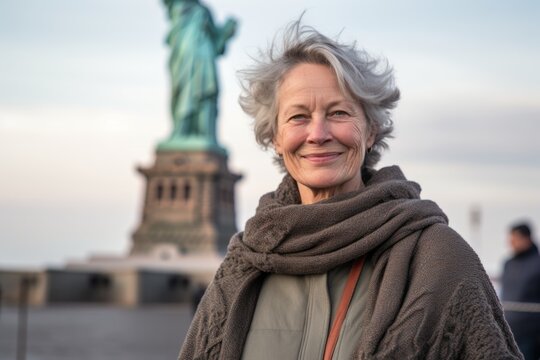 Group portrait photography of a satisfied woman in her 60s that is wearing a cozy sweater in front of the Statue of Liberty in New York USA