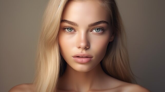 Lovely young lady with clean, fresh skin. Close-up portrait of a model with good skin. Cosmetology, beauty, and spa services. generative ai