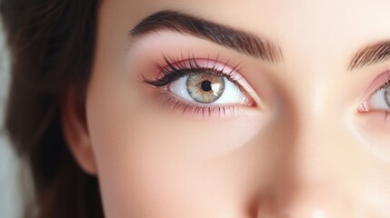 Obraz premium Close-up of a beautiful woman's eye with makeup and eyelashes, showcasing beauty and detail