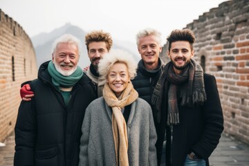 Group portrait photography of a tender woman in her 60s that is with the family at the Great Wall of China in Beijing China