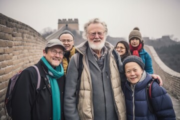 Group portrait photography of a pleased man in his 50s that is with the family at the Great Wall of China in Beijing China