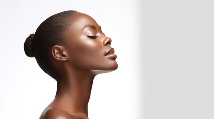 Face, beauty, and happiness with a model black woman in a studio against a gray background to promote natural skincare. White background, facial expression. generative ai