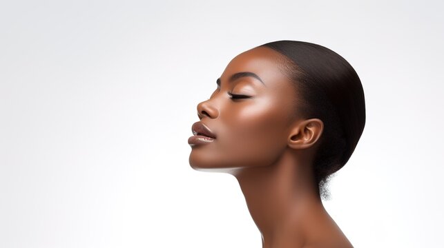 Face, beauty, and happiness with a model black woman in a studio against a gray background to promote natural skincare. White background, facial expression. generative ai