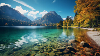 Autumn lake, forest and mountains, amazing fall landscape