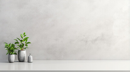 Empty room with gray wall and table, kitchen interior, light background for product presentation