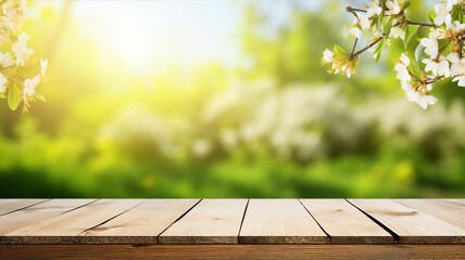 Wooden garden desk, fresh flowers, spring or summer landscape, blur background
