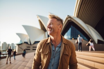 Lifestyle portrait photography of a satisfied man in his 40s that is smiling with friends at the Sydney Opera House in Sydney Australia