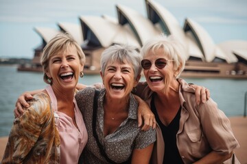 Group portrait photography of a satisfied woman in her 50s that is smiling with friends at the Sydney Opera House in Sydney Australia