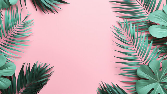 Tropic palm leaves, pink summer vibrant background