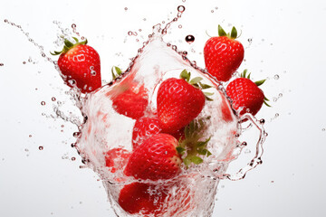 Fototapeta premium Splashing strawberries on white background