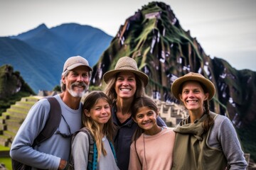 Group portrait photography of a pleased woman in her 40s that is with the family at the Machu Picchu in Cusco Peru