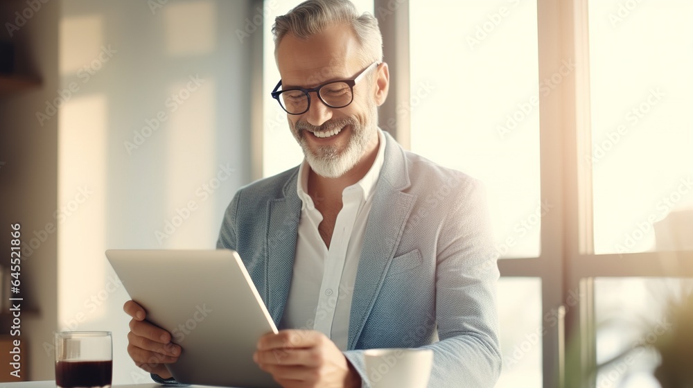 Poster portrait of a businessman using tablet computer