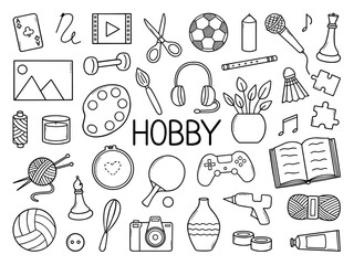 Hobbies and free time doodle set.  drawing, sewing, knitting, cooking, reading, sports, needlework, music in sketch style. Hand drawn vector illustration isolated on white background © AnyaLi