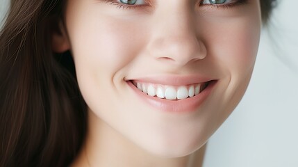 Obraz premium A close-up of a woman's smiling face against a white background. generative ai
