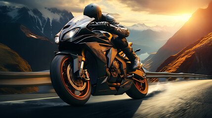  futuristic sport motorcycle in the Highway with the beautiful nature landscape view