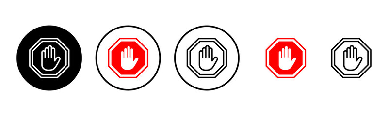 Stop icon set illustration. stop road sign. hand stop sign and symbol. Do not enter stop red sign with hand