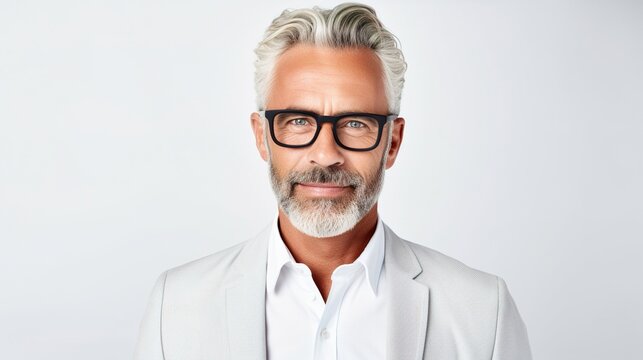Smiling senior businessman with glasses in closeup portrait