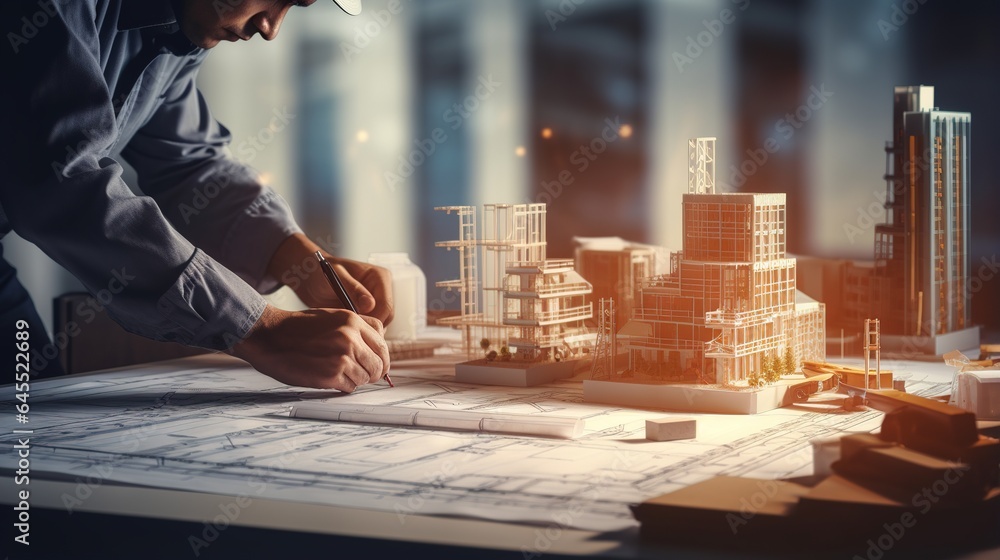 Poster ?ale architect hands building a model house up close. architect man at work in an office. architectu