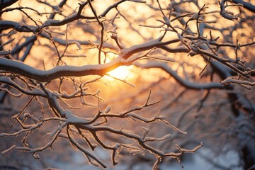 White snow on bare tree branches on a frosty winter day, close-up against a sunset background