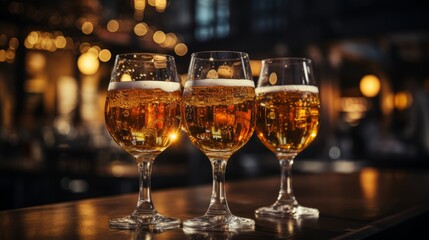 Beers on a table in a restaurant or bar. Generative AI. 