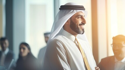 At work, a middle-aged Arab man with his arms crossed.