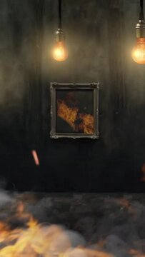 Animation of a dark old vintage room. Swinging incandescent light bulb, vintage dark interior, peeling wallpaper. The scary room is on fire. Fire burns in the room, all furniture is on fire. vertical.