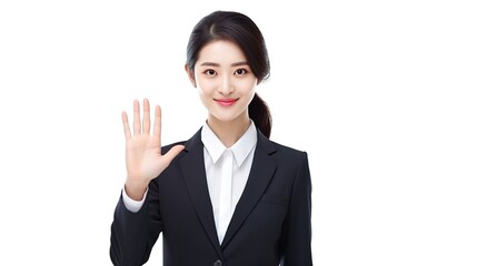 businesswoman raises her hands. on white background